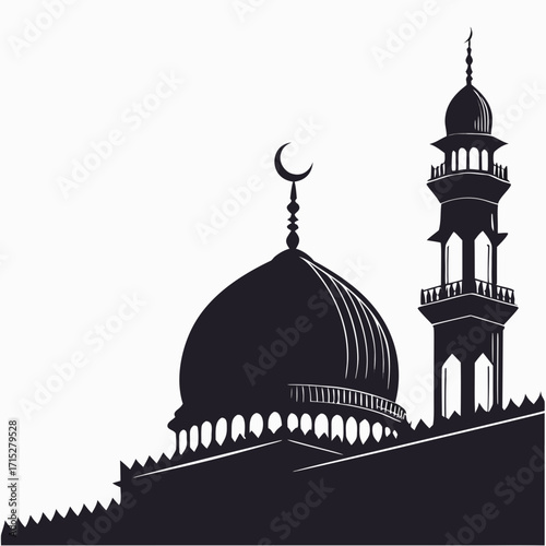 Silhouette of a traditional islamic mosque with a dome and minaret against a white background