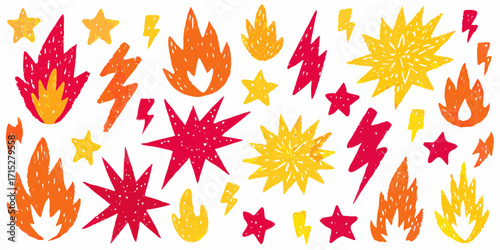 Vibrant hand drawn fire flames stars and lightning bolts pattern on white background