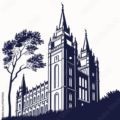 Silhouette of the historic salt lake temple building with a large tree and grassy hill in a minimalist graphic style