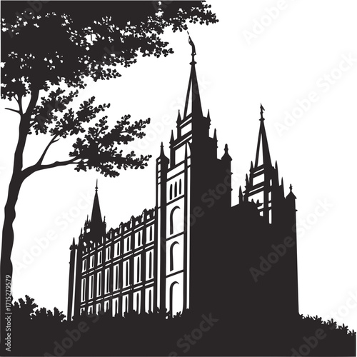 Silhouette of the historic salt lake temple with a tree and foliage against a white background