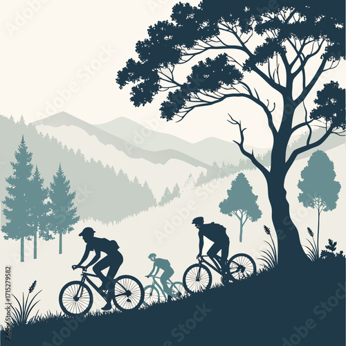 Silhouettes of cyclists riding bicycles on a grassy hill with a large tree and layered mountains in the background