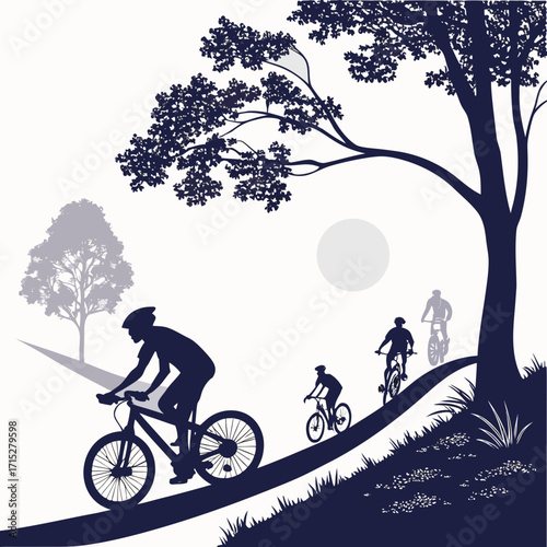Silhouettes of cyclists riding bicycles on a scenic path surrounded by trees and a pale sun in the sky