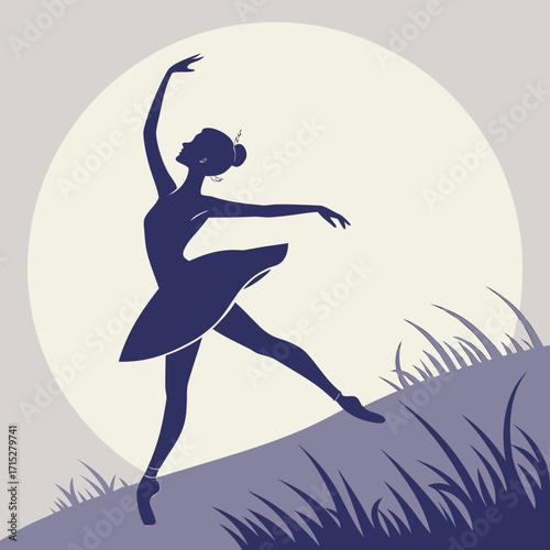 Elegant ballerina silhouette performing a graceful dance pose against a soft moonlit sky in a grassy field