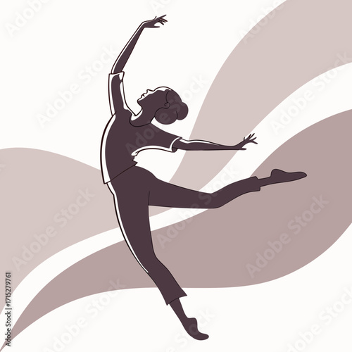 Elegant female ballet dancer in silhouette performing a graceful leap with arms extended against a soft abstract background