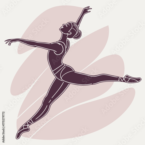 Elegant ballet dancer in mid leap with arms extended gracefully against a soft abstract background