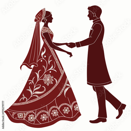 Elegant indian bride in traditional attire and groom in sherwani holding hands in silhouette style