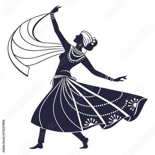 Elegant silhouette of an indian dancer in traditional attire with flowing scarf and ornate skirt embellishments