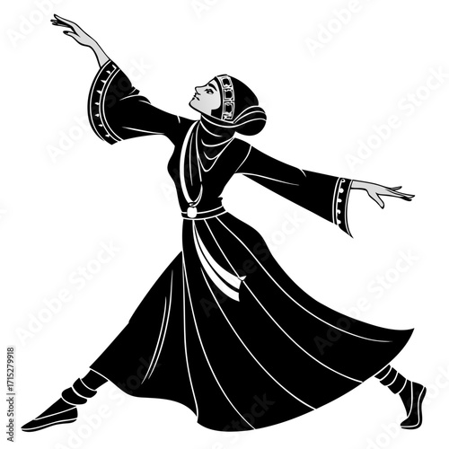 Elegant woman in traditional flowing black dress and headscarf performing a graceful dance pose with arms outstretched