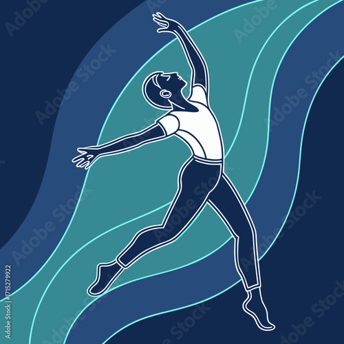 Graceful ballet dancer in motion with arms outstretched against a backdrop of flowing abstract blue and teal waves