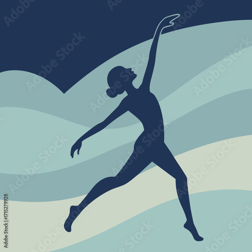 Graceful silhouette of a female dancer in mid leap against a serene abstract background of wavy hues