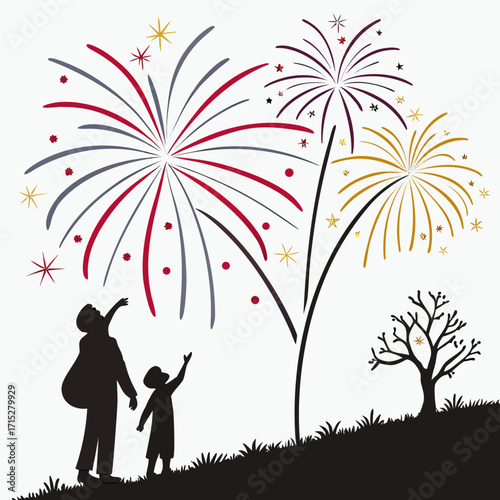 Father and child silhouetted on a grassy hill watching colorful fireworks explode in the night sky celebration