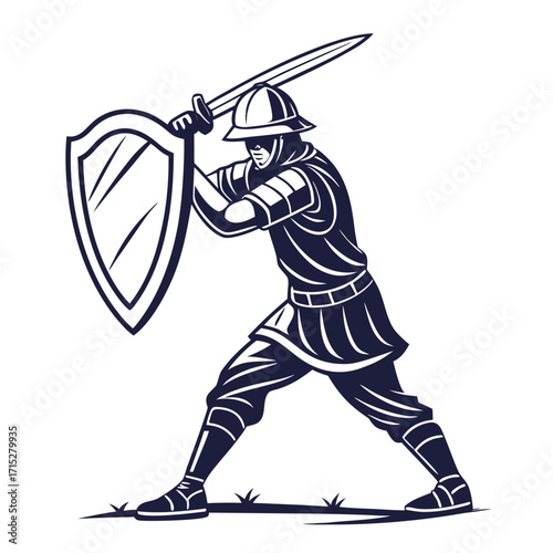 Medieval knight warrior holding sword and shield ready for battle in stylized silhouette