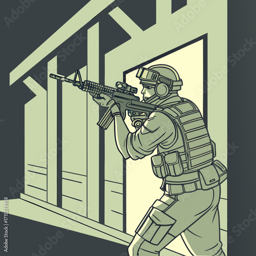 Modern soldier in tactical gear aiming assault rifle while peeking around a doorway in a stylized illustration