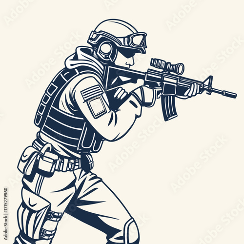 Modern soldier in tactical gear aiming assault rifle with scope in dynamic action pose illustration