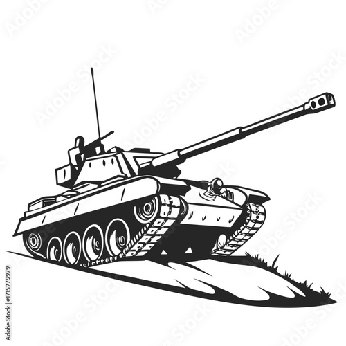 Powerful military combat tank with a long cannon and tracks moving across a grassy terrain in a graphic illustration style