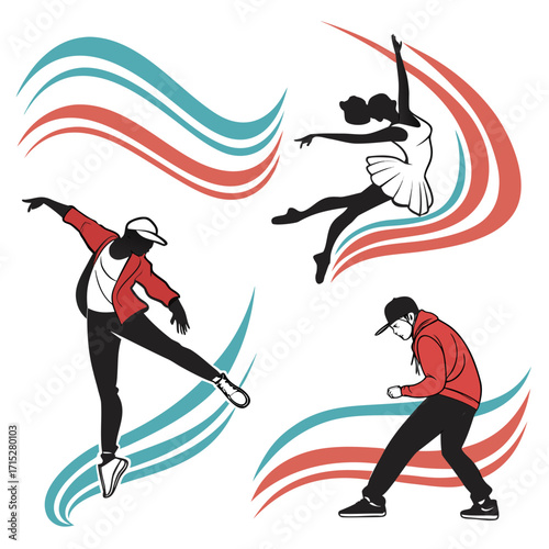 “Dynamic dance silhouette art: ballet dancer, hip-hop, contemporary, ballerina leaps, dancer poses in motion, elegant flowing movement icons for performing arts, stage design, dance studio branding”
