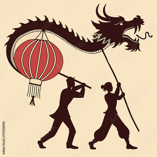 Silhouettes of people carrying a traditional chinese dragon and a red lantern in a festive procession