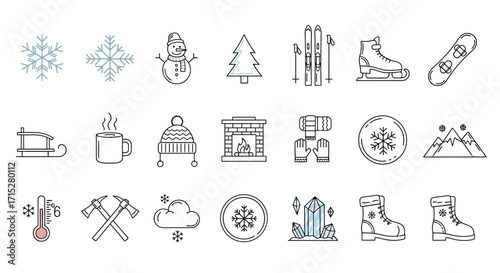 Winter season and holiday activities thin line icon set with subtle color accents, featuring various cold weather symbols.