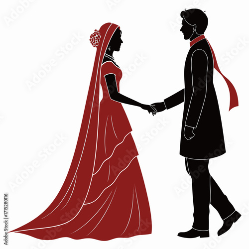 Silhouette of an indian bride and groom holding hands in traditional wedding attire with a flowing red lehenga and sherwani