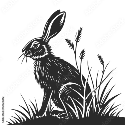 Stylized black silhouette of a rabbit sitting in tall grass and reeds on a white background