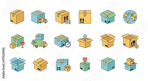 Collection of Isometric Delivery Boxes with Shipping Symbols and Icons.