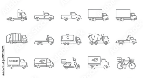 Collection of Line Art Delivery Trucks, Vans, and Bikes.