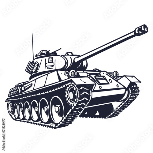 Stylized illustration of a classic military tank with a long barrel and tracks in a bold graphic design style