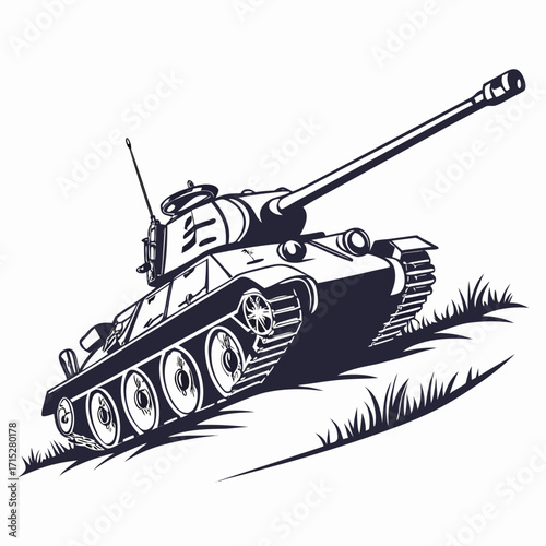 Stylized illustration of a military tank with a long cannon moving across a grassy hill
