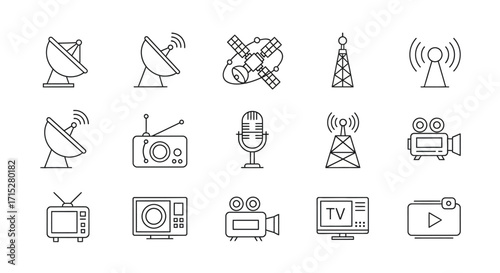 Collection of Line Art Icons - Broadcasting, Communication, and Media Technology.