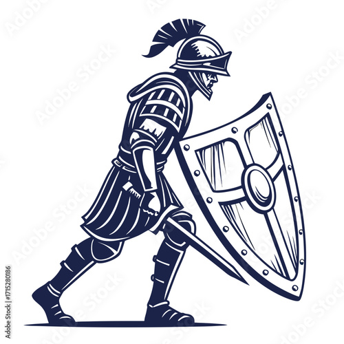 Stylized illustration of a roman soldier in full armor holding a sword and shield ready for battle