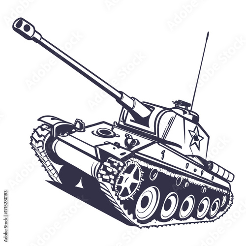 Stylized illustration of a powerful military tank with a prominent star emblem on its turret in a dynamic pose