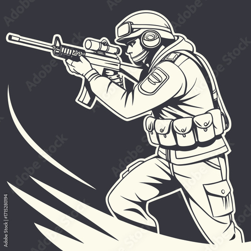Stylized illustration of a soldier in tactical gear aiming a rifle with a scope in motion against a dark background