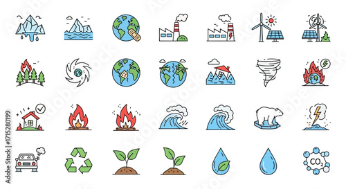 Collection of Line Art Icons Depicting Climate Change and Environmental Issues.
