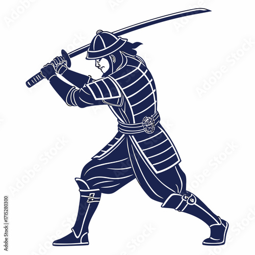 A stylized illustration of a japanese samurai warrior in traditional armor wielding a katana sword in a dynamic pose