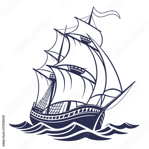 A vintage sailing ship with full sails navigating through stylized ocean waves depicted in a minimalist dark blue line art style