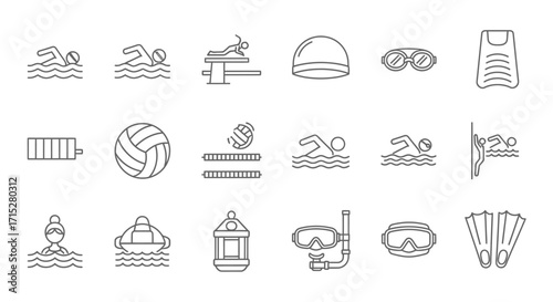 Collection of Linear Icons Representing Swimming and Water Sports Activities.