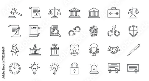 Collection of Linear Law and Justice Icons.