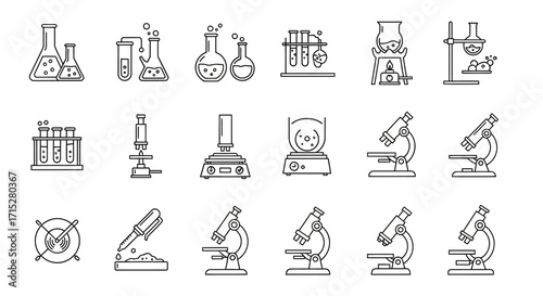 Collection of Linear Science Lab Equipment Icons.
