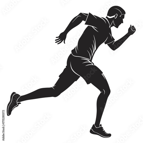 Dynamic silhouette of a male athlete running fast with determined expression and athletic stance