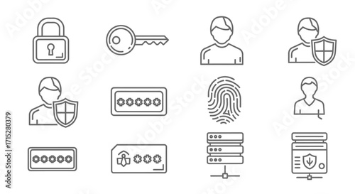 Collection of Linear Security Icons - Padlock, Key, User, Shield, Password, Fingerprint, Server.