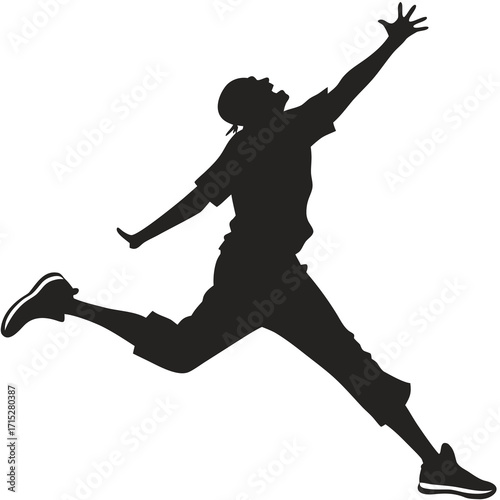 Dynamic silhouette of a young man leaping joyfully with arms outstretched in mid air against a white background