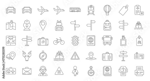 Collection of Linear Travel and Transportation Icons.