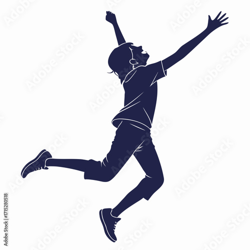 Joyful silhouette of a young boy jumping with arms raised high in celebration against a white background