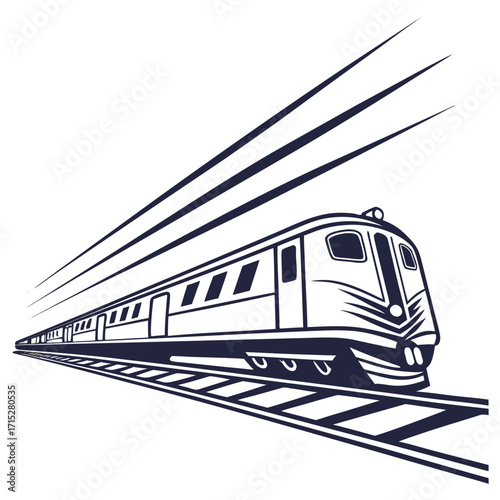 Modern high speed train traveling on tracks with motion blur lines indicating rapid movement and speed