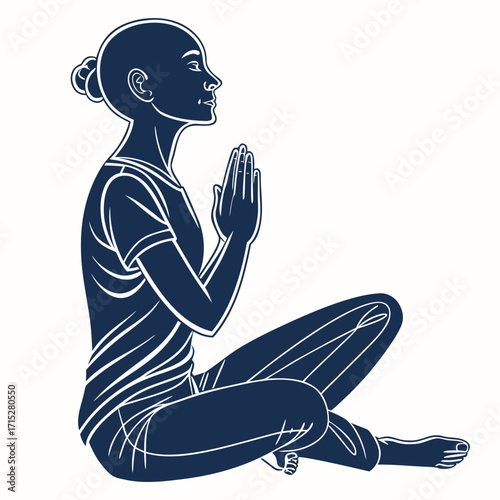 Serene woman in profile meditating with hands pressed together in prayer pose on a white background