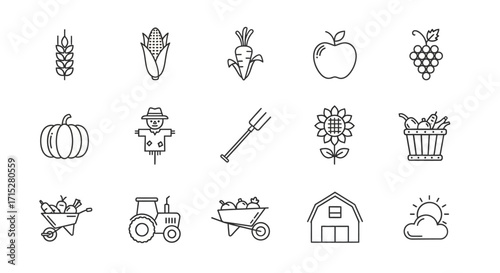 Collection of Outline Icons Representing Farm Produce and Equipment.