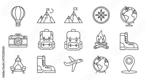 Collection of Outline Icons Representing Travel and Adventure Elements.