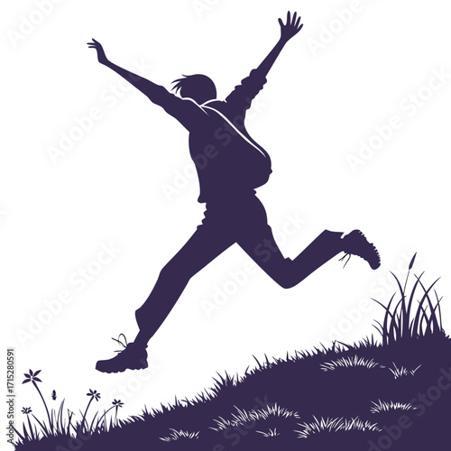 Silhouette of a joyful person with arms raised in celebration leaping across a grassy hill with flowers