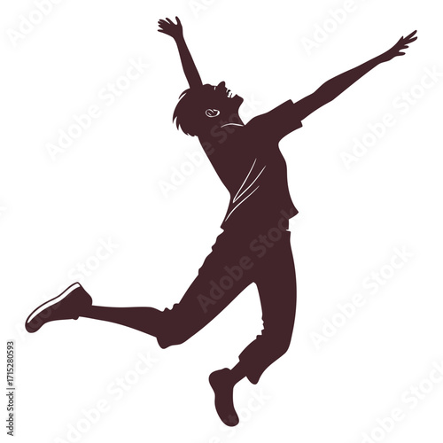 Silhouette of a joyful young man jumping with arms raised high in celebration and freedom against a white background