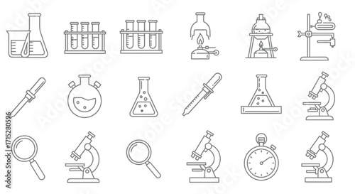Collection of Outlined Laboratory Equipment Icons for Science and Research.
